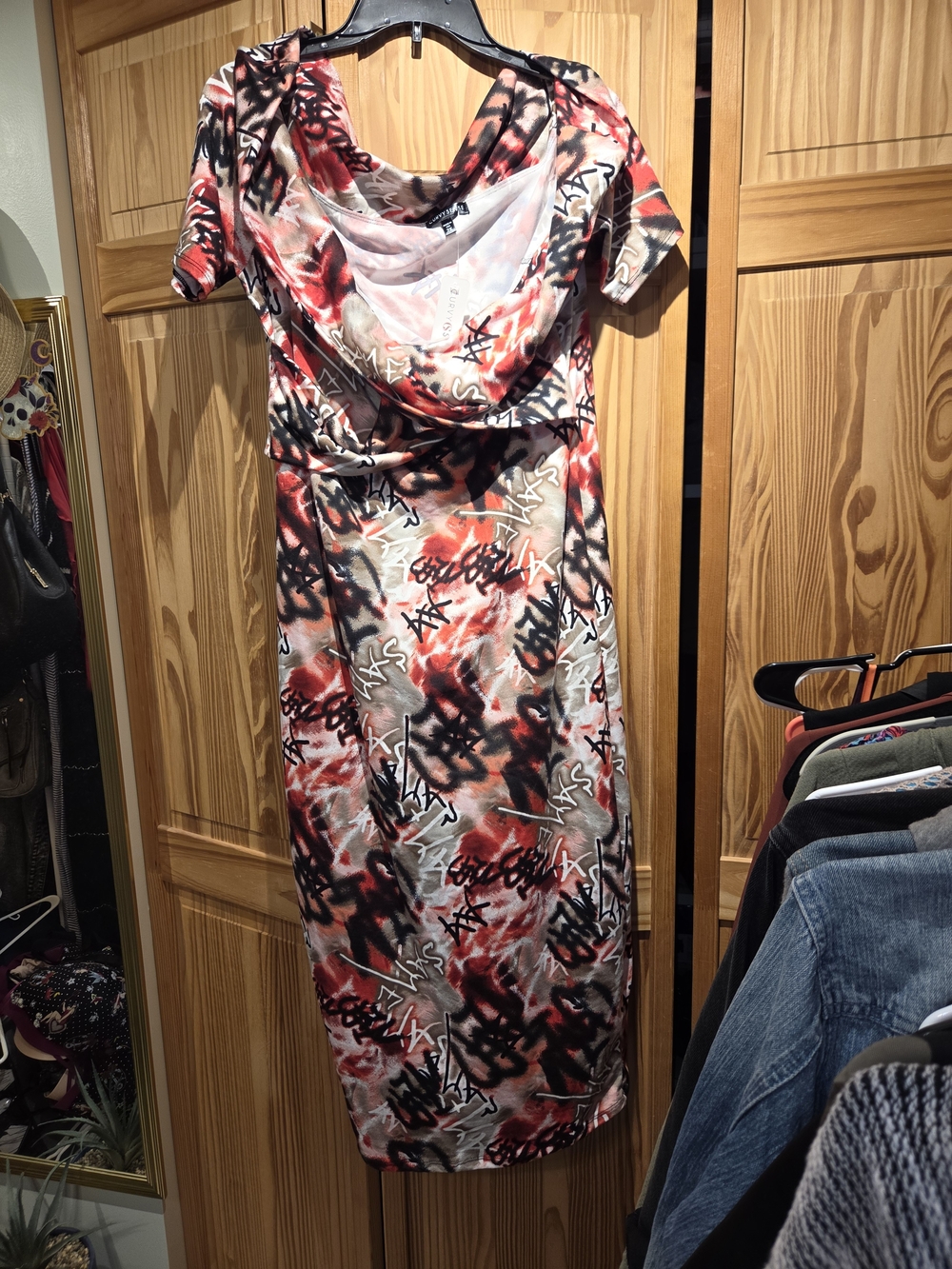 Off The Shoulder Midi Dress in Red, Black & Cream